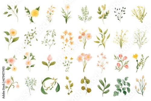 Fototapeta Naklejka Na Ścianę i Meble -  Beautiful watercolor illustration with delicate eucalyptus leaves and flowers. Ideal for wedding invitations and celebration decor.