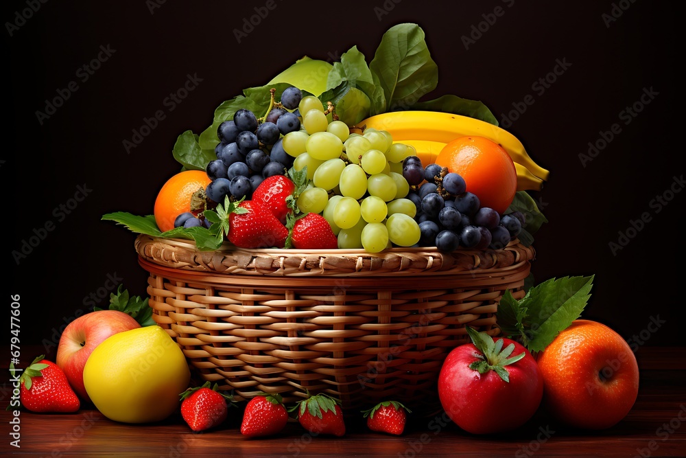 Fresh fruits in a basket on a wooden table. Healthy food various color Fresh fruits in a basket on a wooden table. Healthy food various color