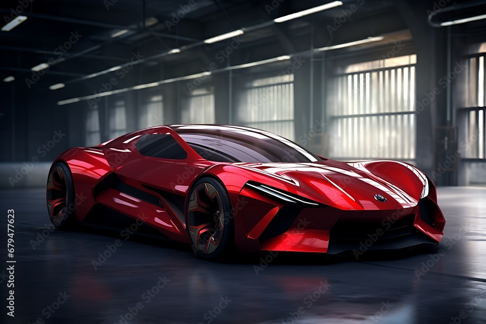 3D rendering of a brand less generic concept luxury car in a garage