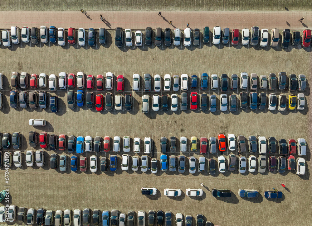 Obraz premium Open air big parking for residents of the area, top aerial view from high.