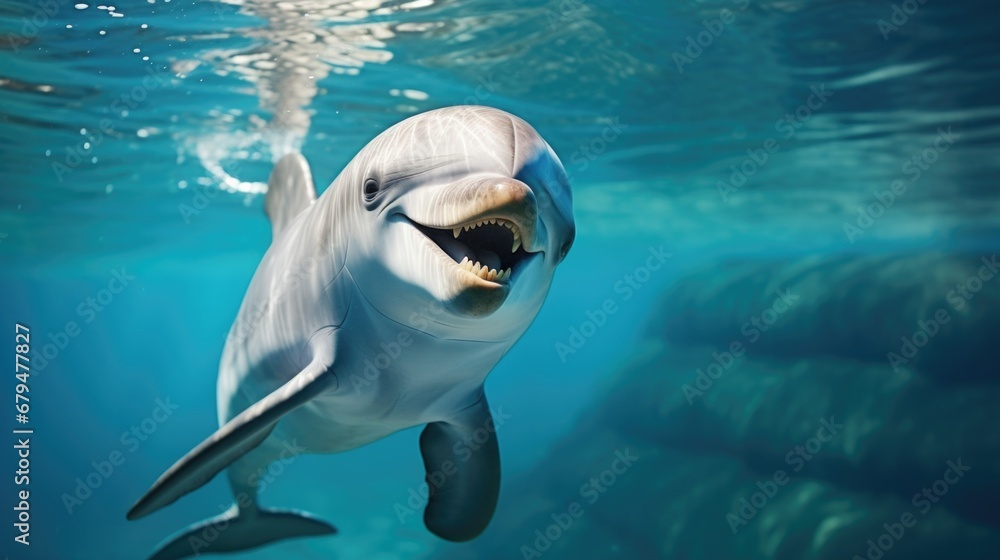 Obraz premium Dolphin in clear blue water with open mouth showcasing teeth, Marine wildlife and underwater ecosystems.