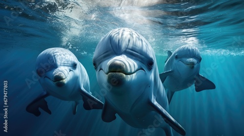 Playful dolphins submerged in sunlit waters, capturing the essence of marine life. © Postproduction