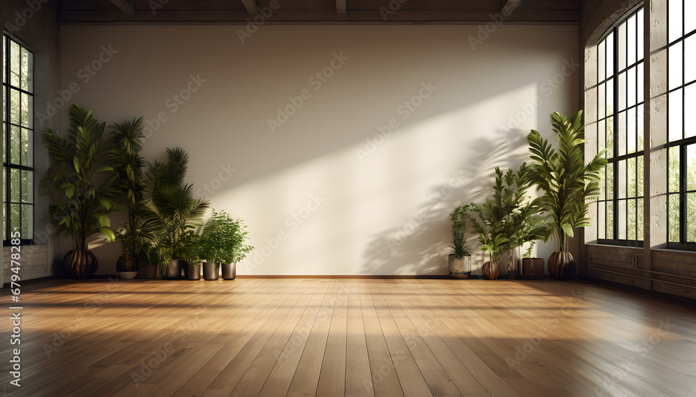Empty room of modern loft with plants on wooden floor Empty room of modern loft with plants on wooden floor