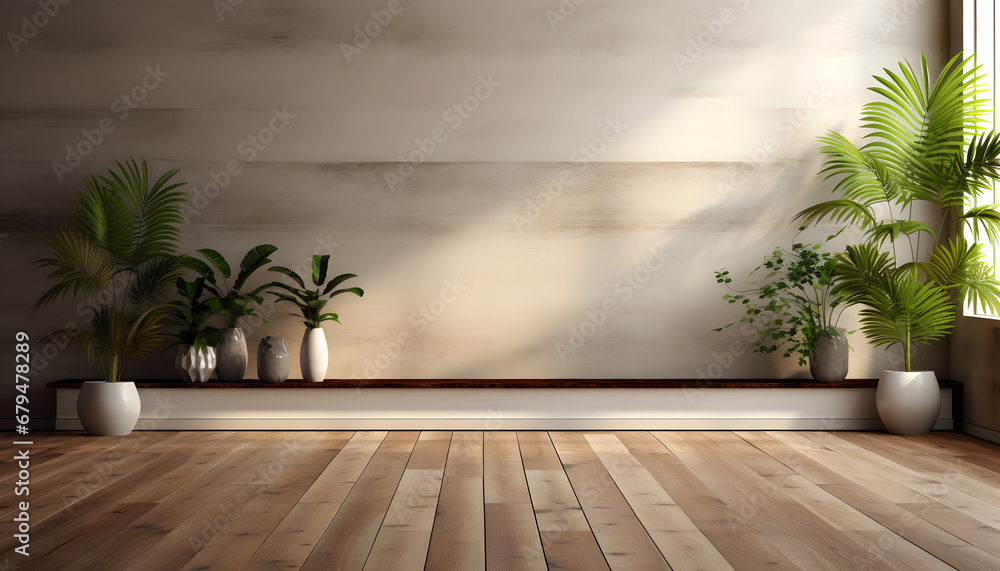 Empty room of modern loft with plants on wooden floor Empty room of modern loft with plants on wooden floor