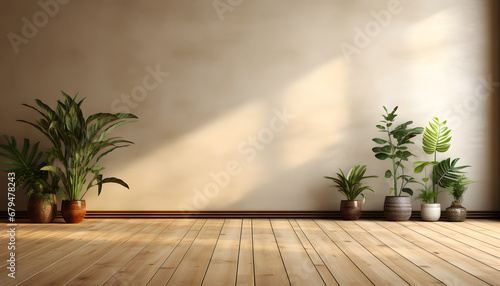 Empty room of modern loft with plants on wooden floor