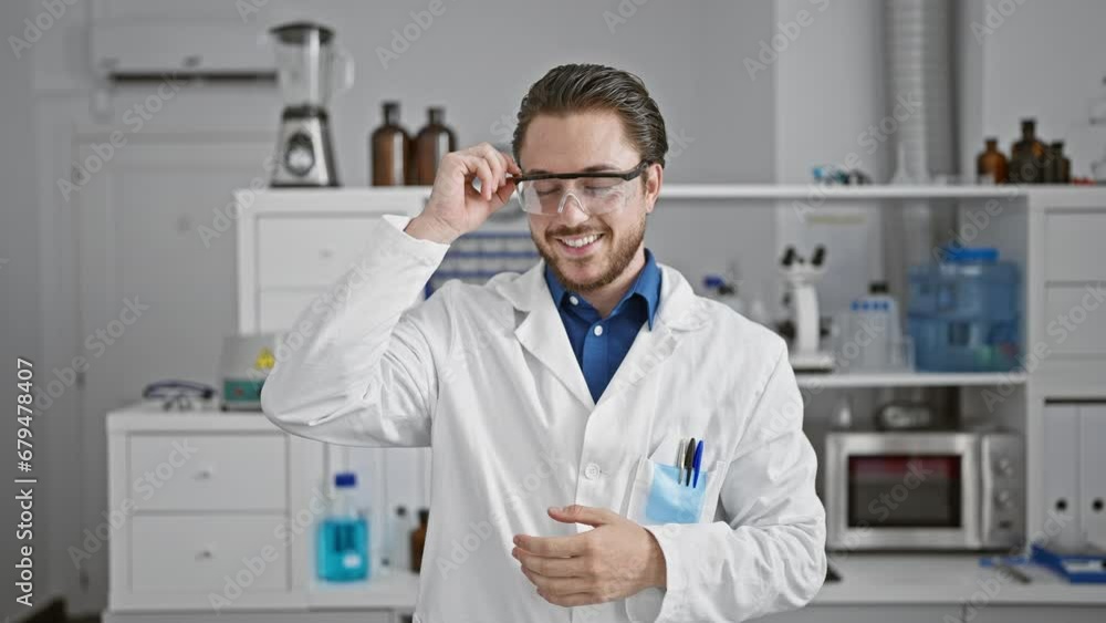 Young hispanic man scientist taking glasses off standing with arms crossed gesture at laboratory Young hispanic man scientist taking glasses off standing with arms crossed gesture at laboratory
