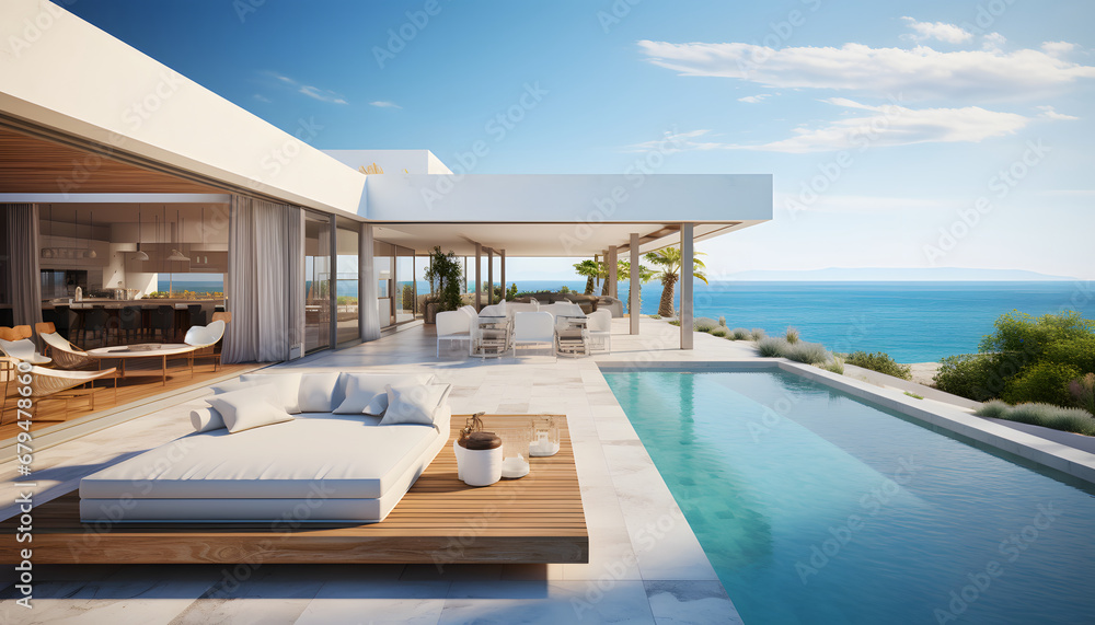 Fototapeta premium Luxury beach house with sea view swimming pool and empty terrace in modern design. holiday villa.