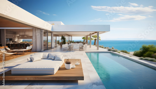 Luxury beach house with sea view swimming pool and empty terrace in modern design. holiday villa.
