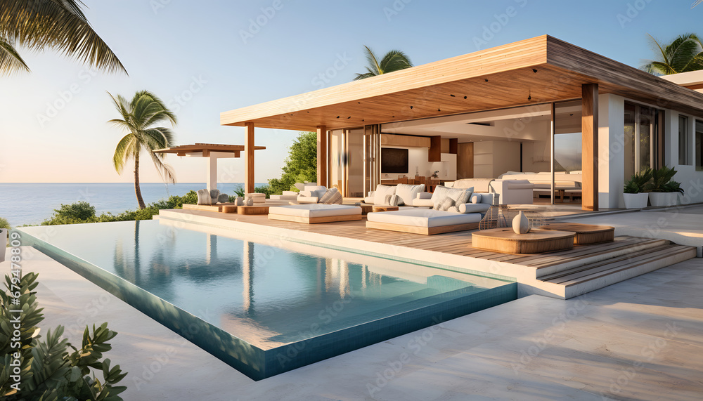 Fototapeta premium Luxury beach house with sea view swimming pool and empty terrace in modern design. holiday villa.