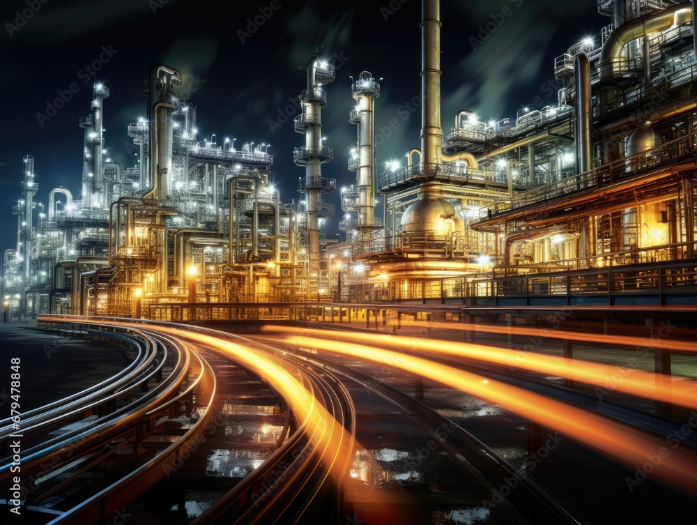 A long exposure shot capturing the movement of lights and activities in an oil refinery at night.
