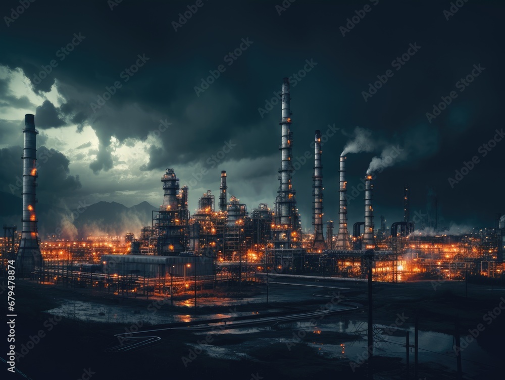 A nighttime aerial view of an oil refinery with pipelines and storage tanks lit up against the dark sky.,no smoke