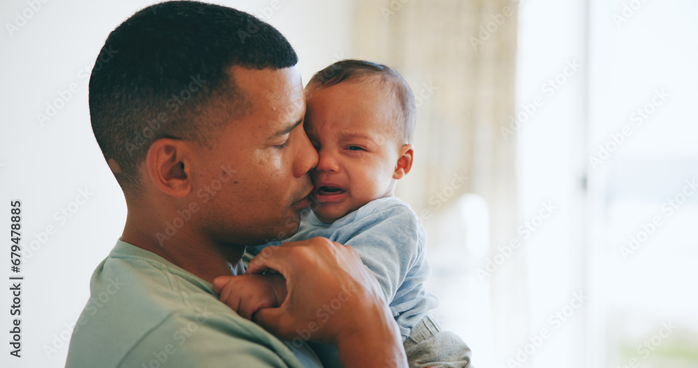 Hug, comfort and father with crying baby in a nursery with care, security and trust at home together. Love, tears and dad embrace upset newborn with colic, stress or discomfort, console or nurture Hug, comfort and father with crying baby in a nursery with care, security and trust at home together. Love, tears and dad embrace upset newborn with colic, stress or discomfort, console or nurture