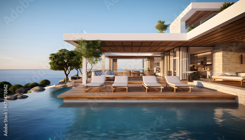 Luxury beach house with sea view swimming pool and empty terrace in modern design. holiday villa.