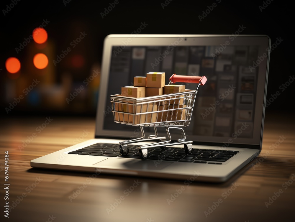 Online shopping concept with miniature shopping cart with many boxes standing in front of laptop