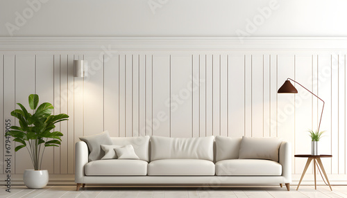 Modern white living room interior image.A blank wall with pure white. Decorate wall with extrude horizon line pattern 