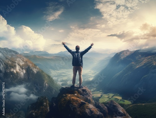 Man standing with hands up on the top of moutain. beatiful view of mountains, blue sky, Unleash your potential