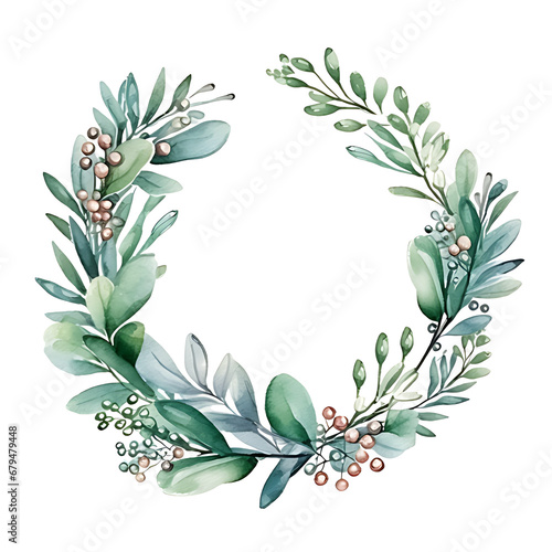 Watercolor Christmas tree and mistletoe wreath. Hand painting realistic vintage round frame with branches  snowberry and leaves isolated on white background.