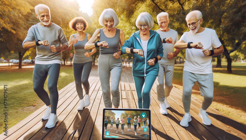 The portrait of elderly individuals using technology to stay fit, presented in a healthy, active lifestyle theme, and formatted with a 16:9 image ratio for a desktop background. photo