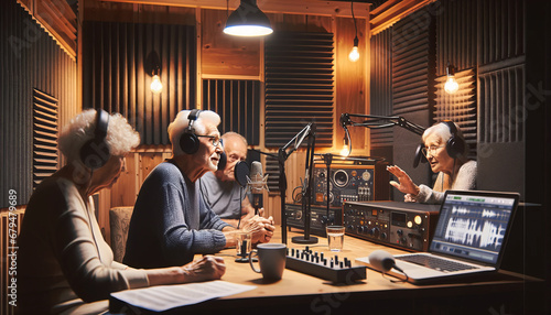 Tthe portrait of seniors sharing memories via podcasts, featuring a behind-the-scenes look in a podcast studio, with a 16:9 image ratio suitable for a desktop background. photo