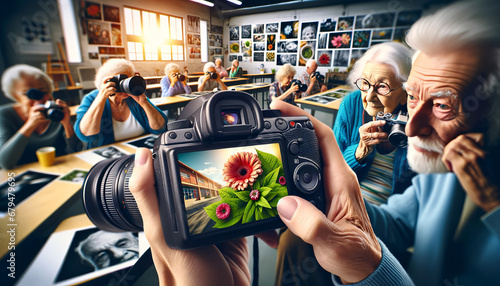 The portrait of elderly individuals learning digital photography, with macro shots of camera displays and senior photographers, in a 16:9 image ratio suitable for a desktop background.