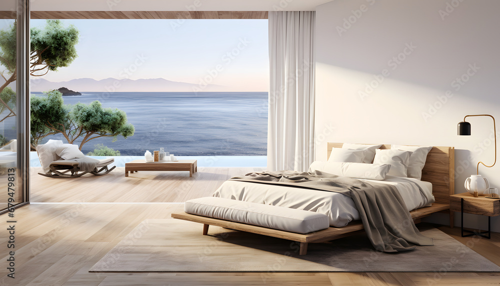 Fototapeta premium Sea view bedroom of luxury summer beach house with double bed near balcony. wooden floor and swimming . holiday pool villa. 
