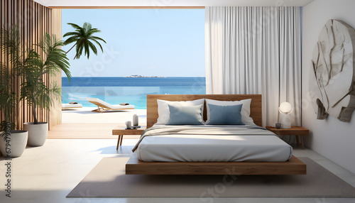  Sea view bedroom of luxury summer beach house with double bed near balcony. wooden floor and swimming .  holiday pool villa. 