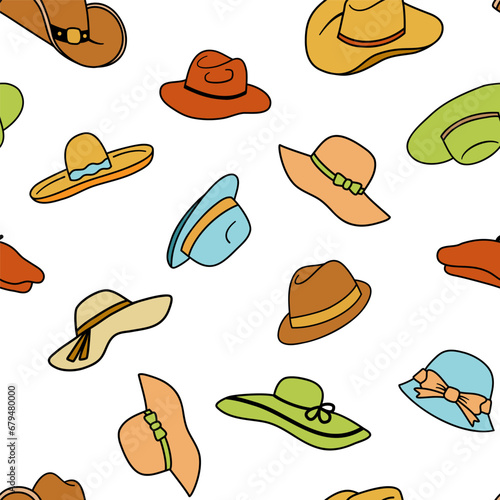 Vector Seamless pattern with hats in flat style. Colorful repeating pattern