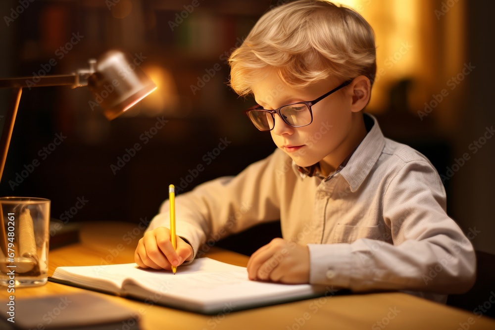A little boy writes in a notebook while sitting at the table. The child does his homework. AI generative A little boy writes in a notebook while sitting at the table. The child does his homework. AI generative