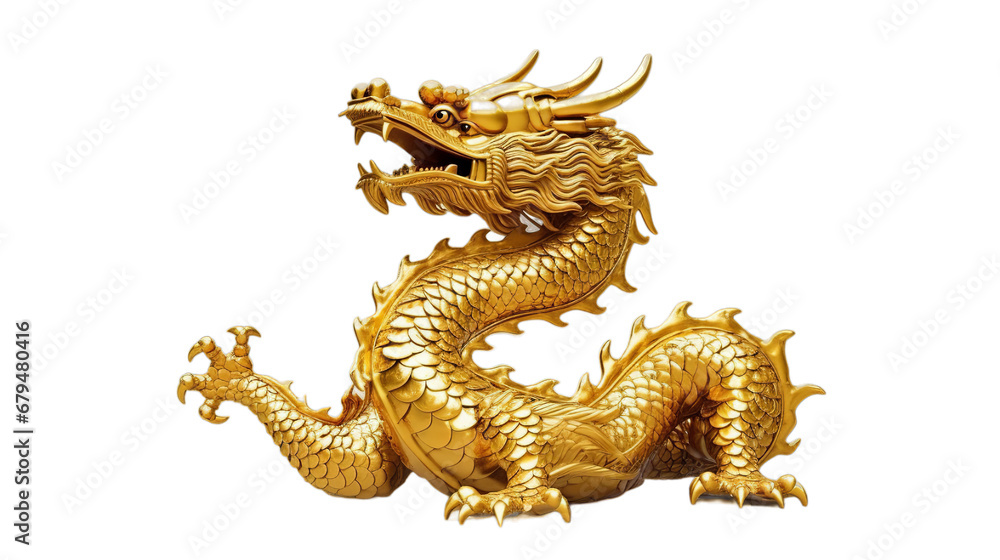 Golden Chinese dragon isolated on transparent background, Generative ai