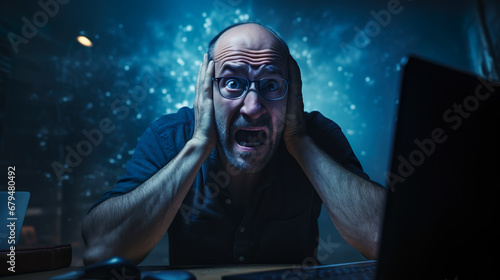 パソコン画面の前で頭を抱える男性 photo