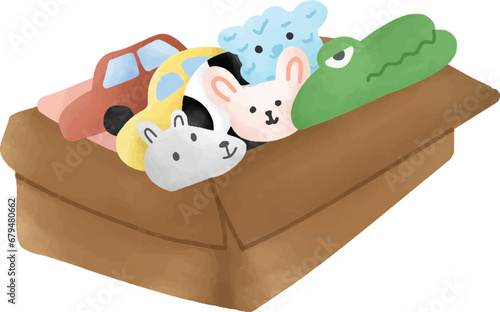 various toys on a box isolated vector