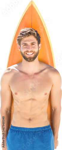 Digital png photo of happy caucasian surfer with surfboard on transparent background