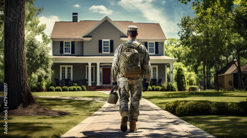 military member from back walking in front his family house