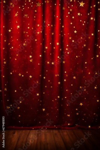 A red velvet curtain with golden stars, draped for an event or a show