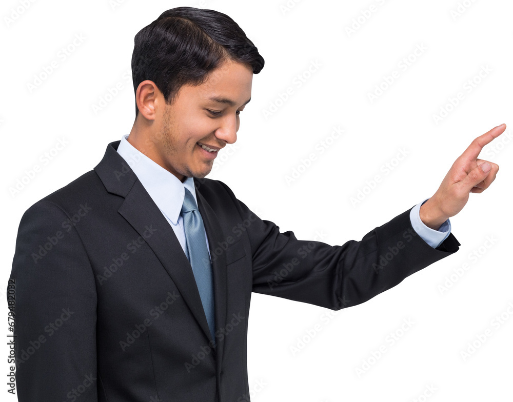 Digital png photo of happy biracial businessman pointing on transparent background Digital png photo of happy biracial businessman pointing on transparent background