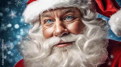 santa claus with christmas decorations, christmas scene, santa claus face on christmas background, christmas gifts