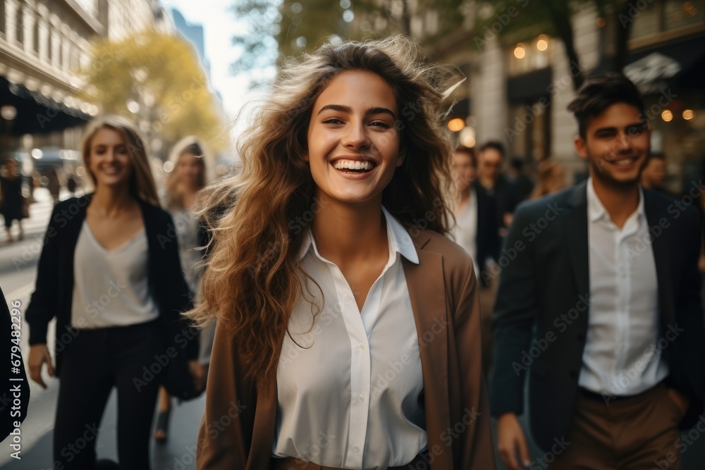Joyful businesswoman walking with team together on city streets, Embodying energy and ambition. Joyful businesswoman walking with team together on city streets, Embodying energy and ambition.