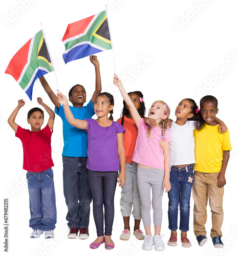 Digital png photo of diverse children with flags of south africa on transparent background