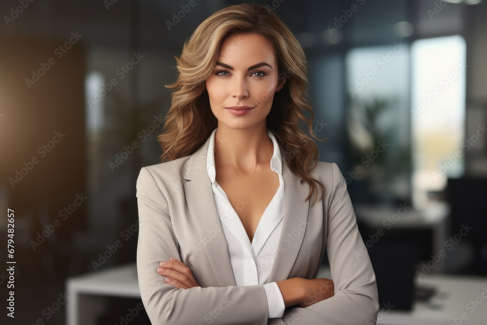Portrait of successful businesswoman consultant looking at camera and smiling inside modern office.