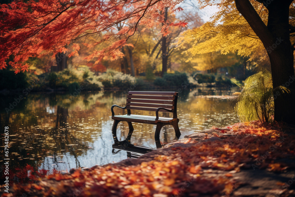 A park bench sits in front of a lake during fall
