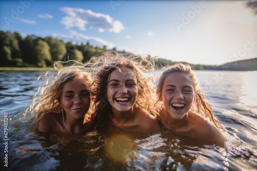 Happy three teenage girls swimming in a lake. photo
