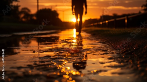 A businessman walking on a wet floor against the rising sun represents the concept of new hope for success.