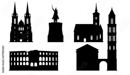 Silhouettes of tourist attraction landmarks in Croatia ,vector illustration.