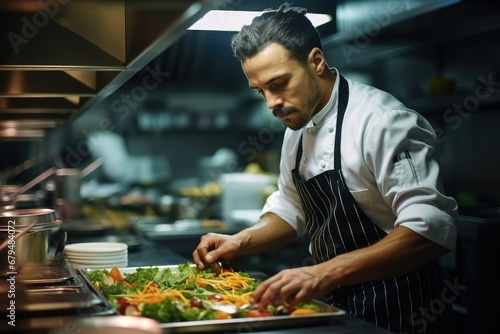 Chef preparing food in a restaurant kitchen.