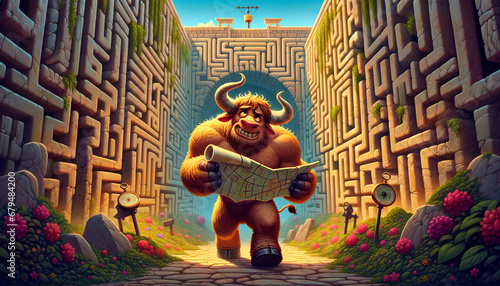 A whimsical animated art piece featuring a Minotaur in a labyrinth, perfect for a desktop background with a 16:9 image ratio. photo