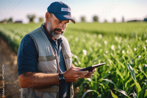Farmer using a digital tablet to review harvest and crop performance in a corn field.