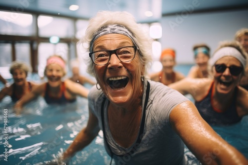 Retired lifestyle, Group active senior women enjoying aqua fit class in a pool.