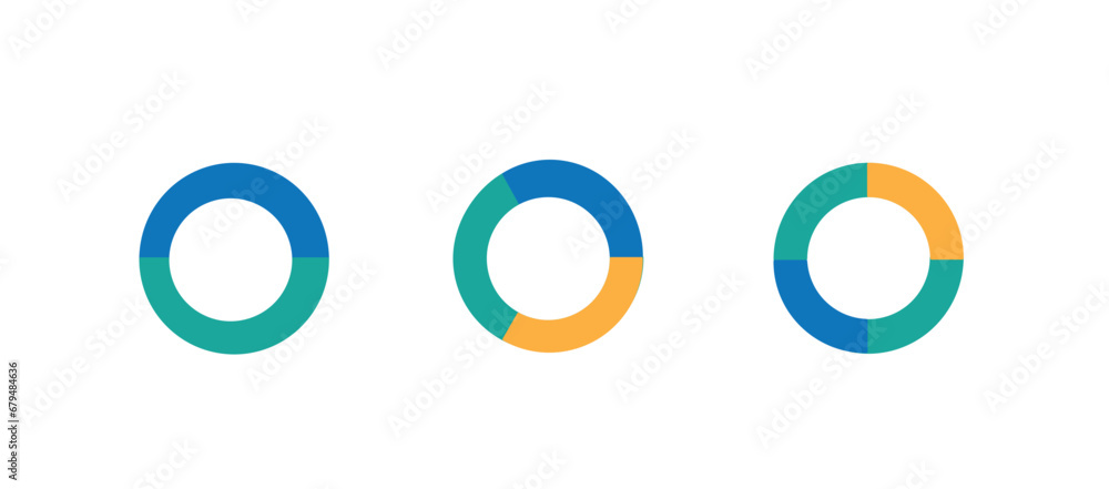 pie chart of two, three and four sections, flat vector illustration pie chart of two, three and four sections, flat vector illustration