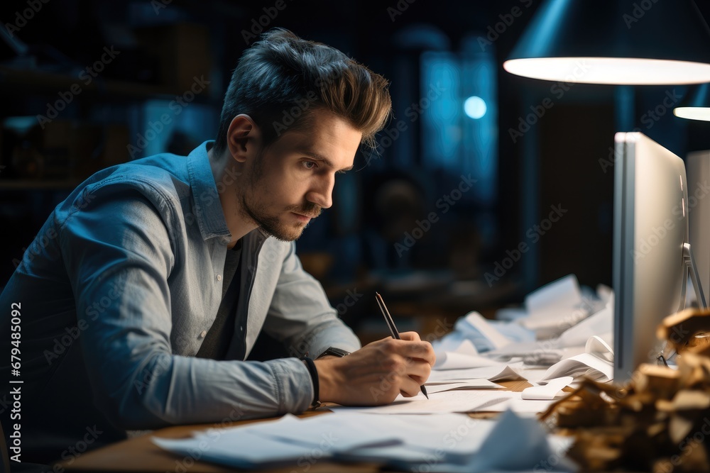 Portrait of focusing man working with papers inside modern office. Portrait of focusing man working with papers inside modern office.