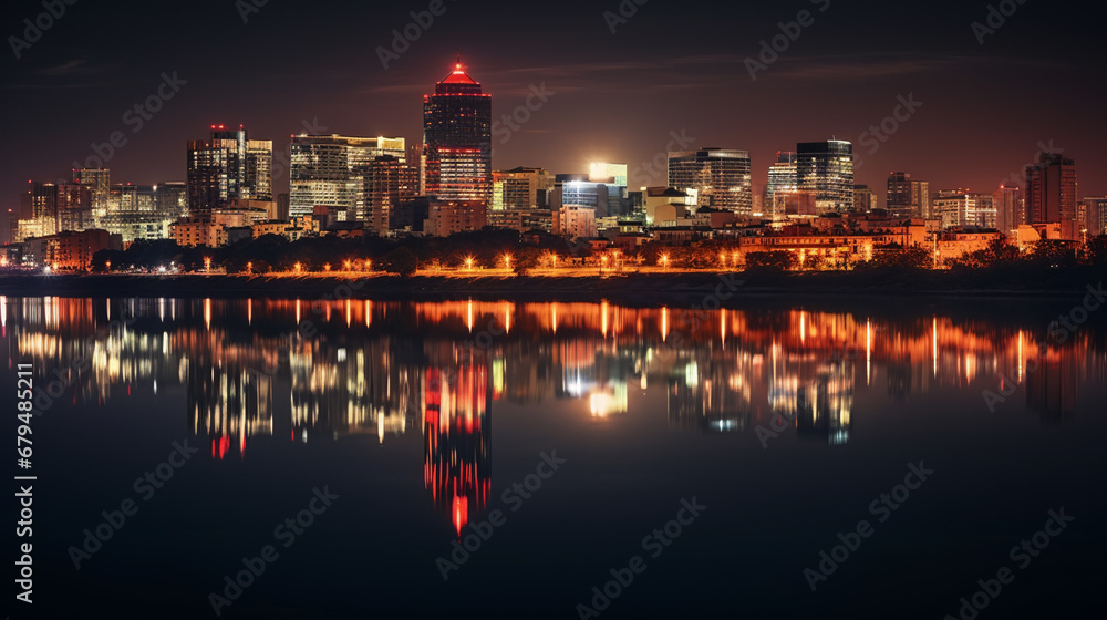 Fototapeta premium Night city reflection on the river, AI Generative.